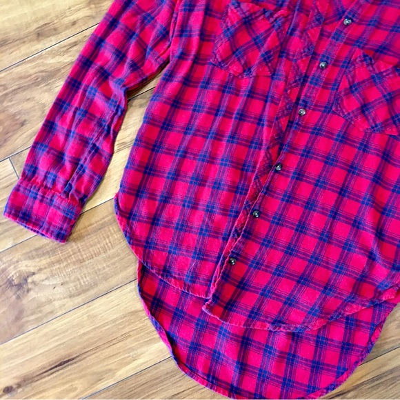 Abercrombie Fitch high low red blue plaid flannel shirt top winter long … - Picture 4 of 6
